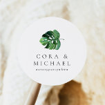 CORA Tropical Beach Palm Leaf  Destination Wedding Classic Round Sticker<br><div class="desc">The CORA collection features tropical watercolor palm leaves and an elegant script font. This collection is perfect for a destination wedding or any other tropical themed event.</div>