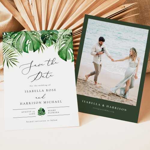 CORA Tropical Beach Palm Leaf Photo Save the Date Invitation