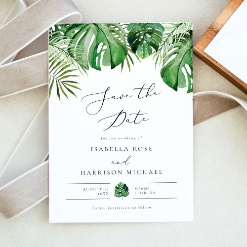 CORA Tropical Beach Palm Leaf Save the Date Invitation