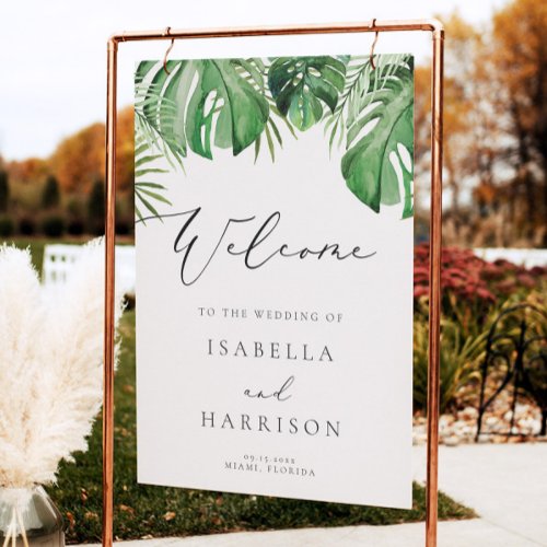 CORA Tropical Beach Palm Leaf Wedding Welcome Poster