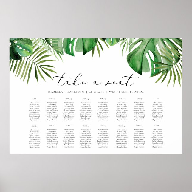 CORA Tropical Watercolor Palm Leaf Seating Chart (Front)