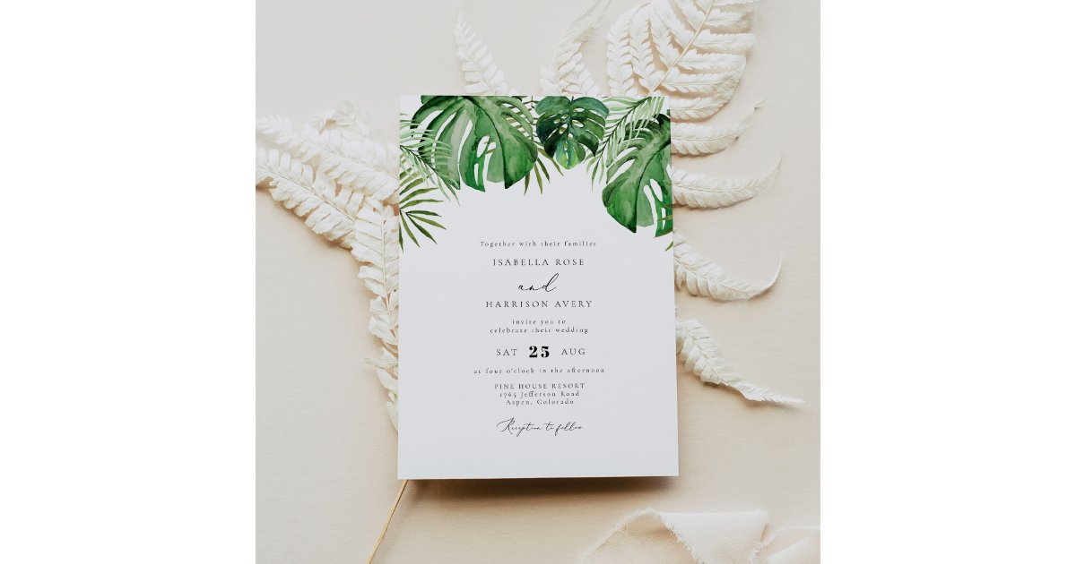 CORA Tropical Watercolor Palm Leaf Wedding Invitation | Zazzle