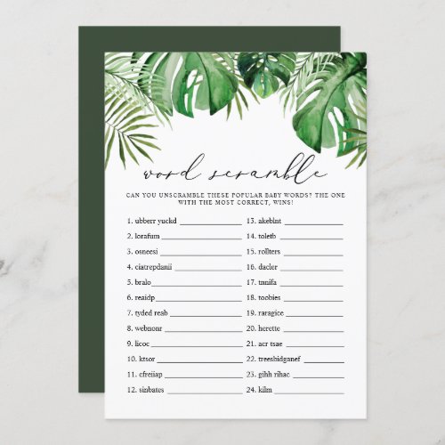 CORA Tropical Word Scramble Baby Shower Game Card