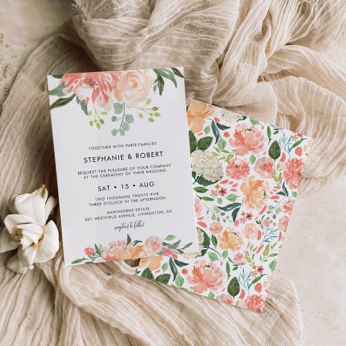 CORA Watercolor Peach Floral Wedding Invitation