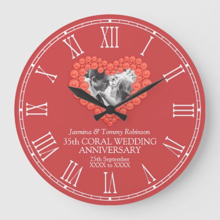 Coral 35th Wedding Anniversary Custom Photo Large Clock