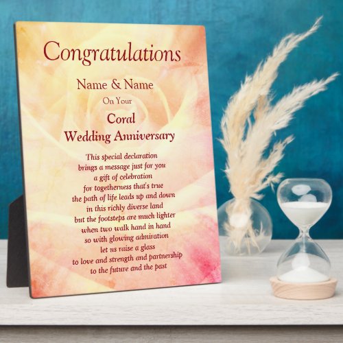 Coral 35th Wedding Anniversary  Plaque