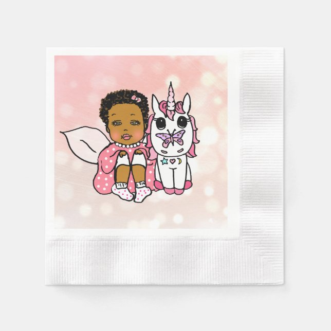 Coral African'-American Fairy and Unicorn Birthday Napkins (Front)