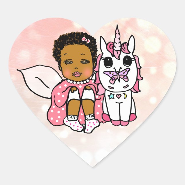 Coral African-American Fairy and Unicorn Heart Sticker (Front)