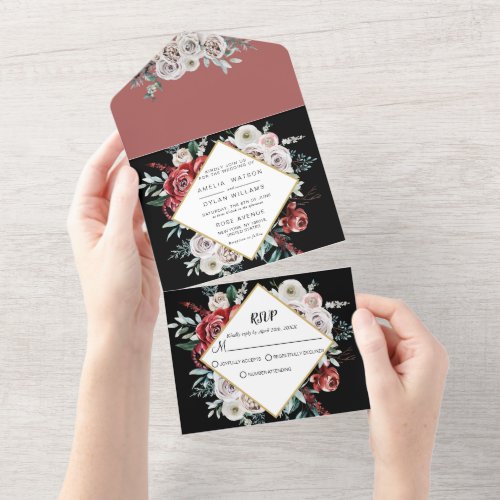 Coral Almond Modern Watercolor Floral Wedding  All All In One Invitation