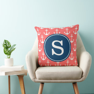 Coral Anchor Pattern with Navy Monogram Pillow
