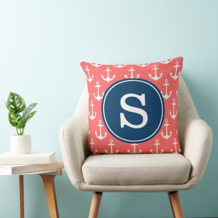 Coral Anchor Pattern With Navy Monogram Pillow