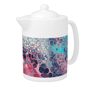 Coral and Aqua Acrylic Pour Colorful Abstract Teapot