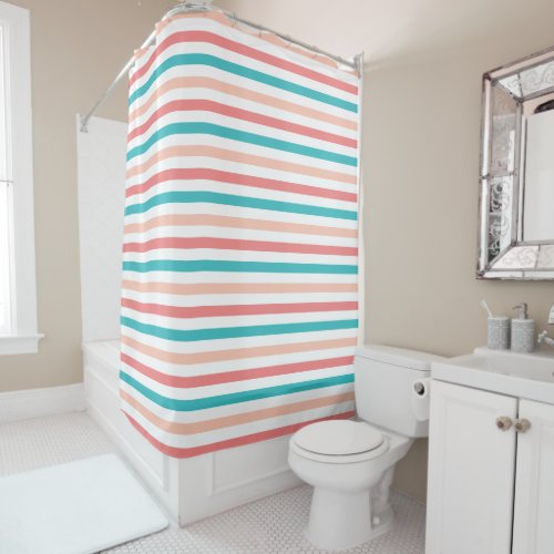 Coral and Aqua Blue Stripes Pattern Shower Curtain