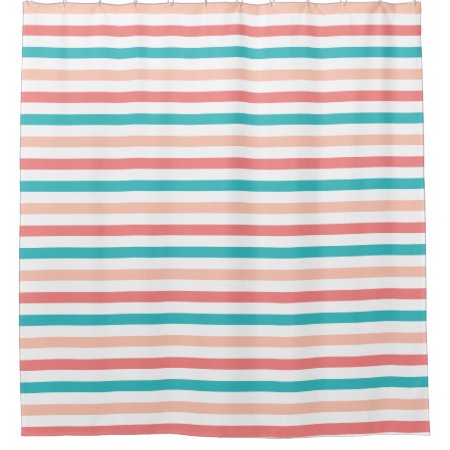 Coral And Aqua Blue Stripes Pattern Shower Curtain