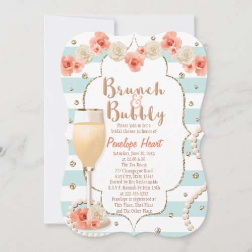 Coral and Aqua Brunch and Bubbly Bridal Shower Invitation