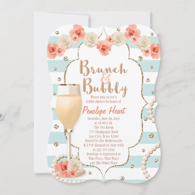 Coral and Aqua Brunch and Bubbly Bridal Shower Invitation (Front)