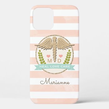 Coral And Aqua Caduceus Doctor Iphone 12 Case by cutecases at Zazzle
