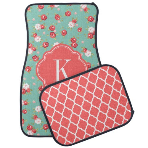 Coral and Aqua Chic Vintage Floral Print Monogram Car Mat