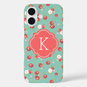 Coral and Aqua Chic Vintage Floral Print Monogram iPhone 16 Case