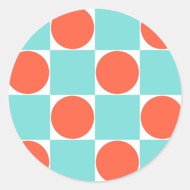 Coral and Aqua Circle Checkerboard Classic Round Sticker (Front)