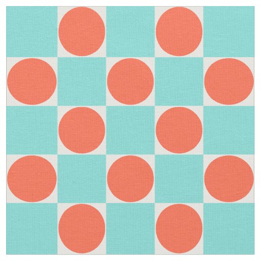 Coral and Aqua Circle Checkerboard Fabric