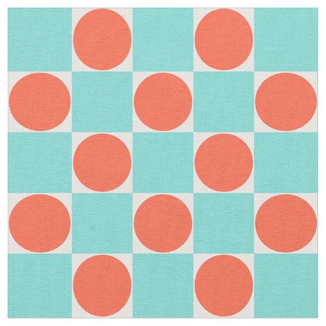 Coral and Aqua Circle Checkerboard Fabric (Close Up)