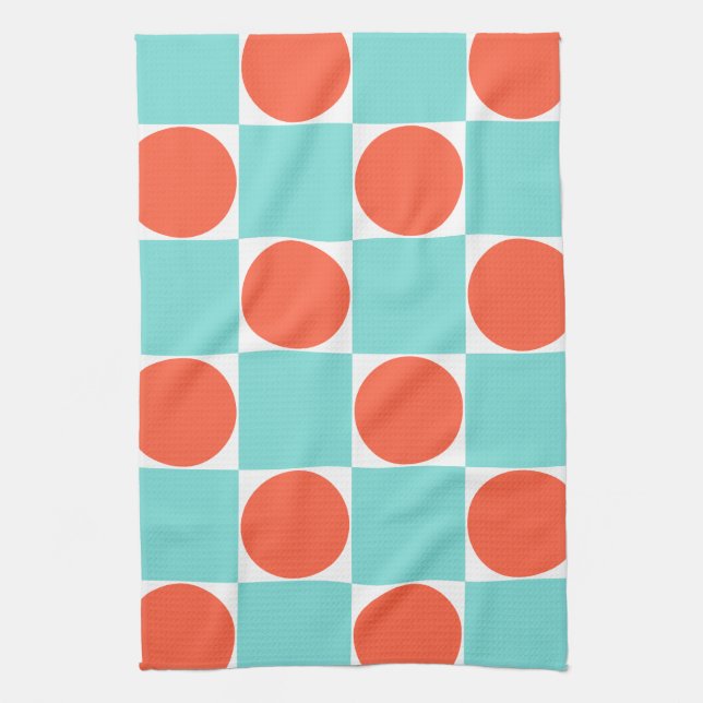 Coral and Aqua Circle Checkerboard Kitchen Towel (Vertical)
