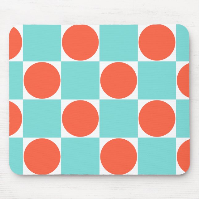 Coral and Aqua Circle Checkerboard Mouse Pad (Front)