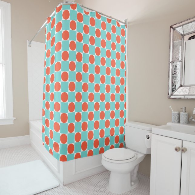 Coral and Aqua Circle Checkerboard Shower Curtain (In Situ)