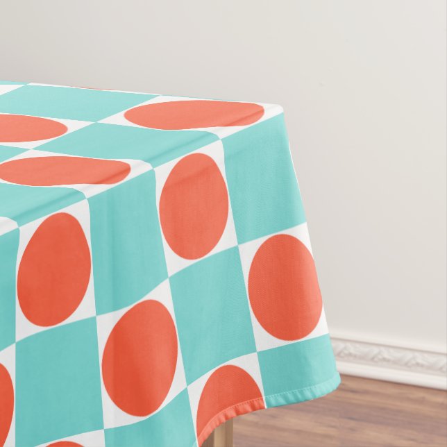 Coral and Aqua Circle Checkerboard Tablecloth (In Situ)