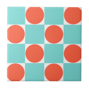 Coral and Aqua Circle Checkerboard Tile