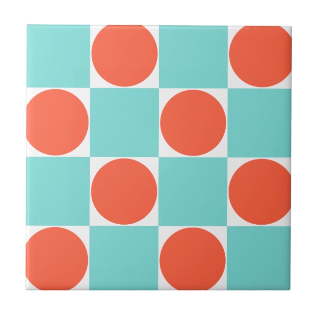 Coral and Aqua Circle Checkerboard Tile (Front)
