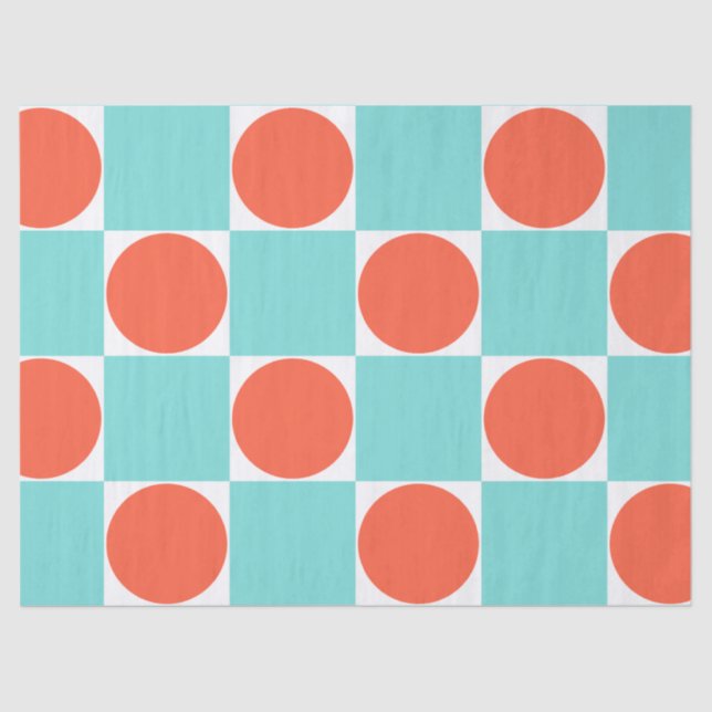 Coral and Aqua Circle Checkerboard Tissue Paper (Front)