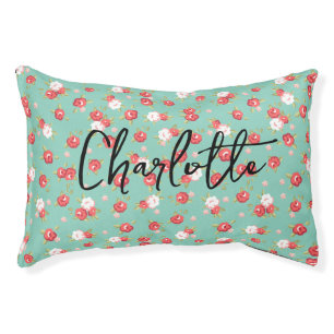 Coral and Aqua Dainty Floral Print Custom Name Pet Bed
