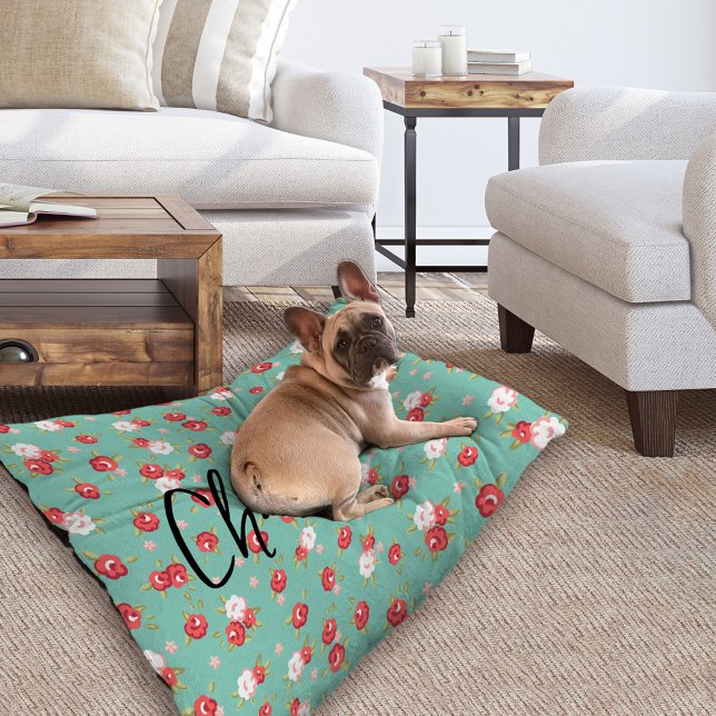 Coral and Aqua Dainty Floral Print Custom Name Pet Bed (Creator Uploaded)