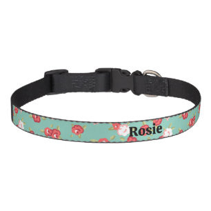 Coral and Aqua Dainty Floral Print Custom Name Pet Collar