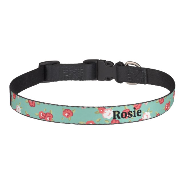 Coral and Aqua Dainty Floral Print Custom Name Pet Collar (Front)
