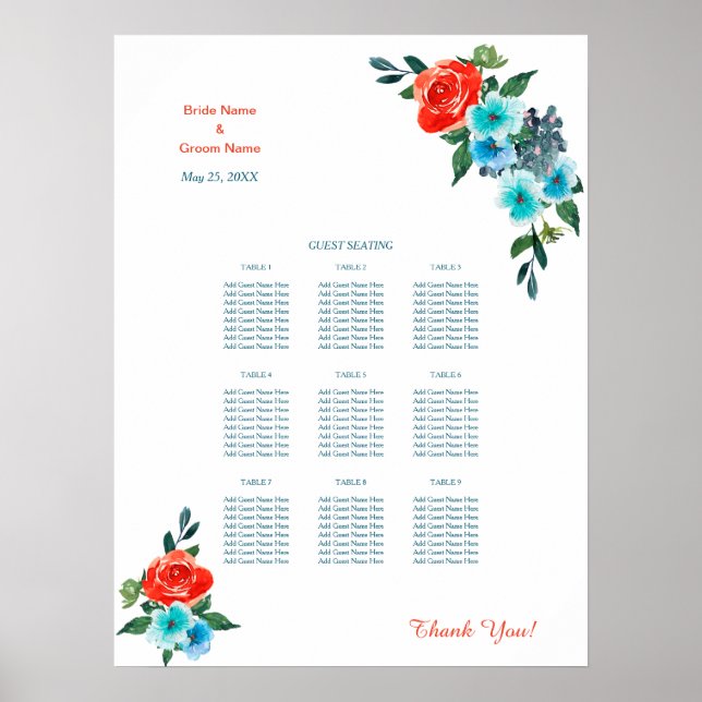 Coral and Aqua Floral Wedding Dinner Seating Chart (Front)