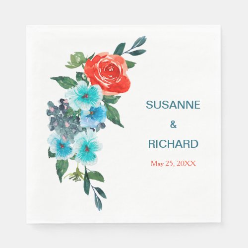 Coral and Aqua Floral Wedding Napkins