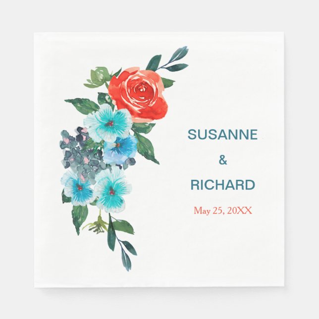 Coral and Aqua Floral Wedding Napkins (Front)