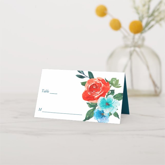 Coral and Aqua Floral Wedding Place Card (Front)
