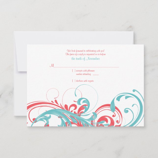 Coral and Aqua Floral Wedding Reply Card (Front)