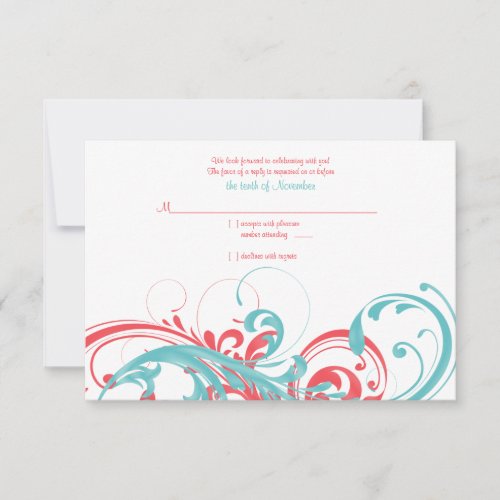 Coral and Aqua Floral Wedding Reply Card Personalized Invitation