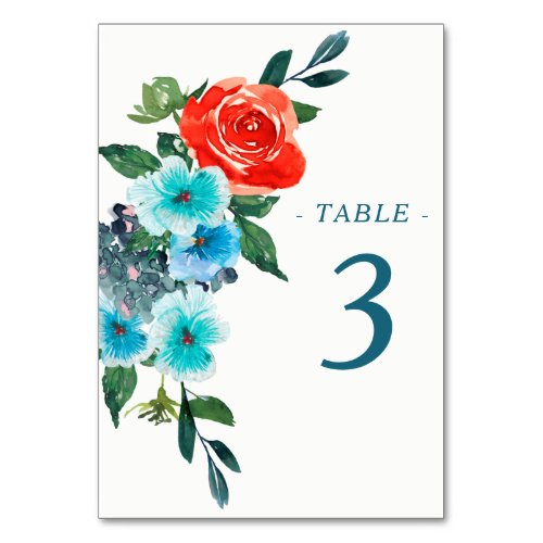 Coral and Aqua Floral Wedding Table Number
