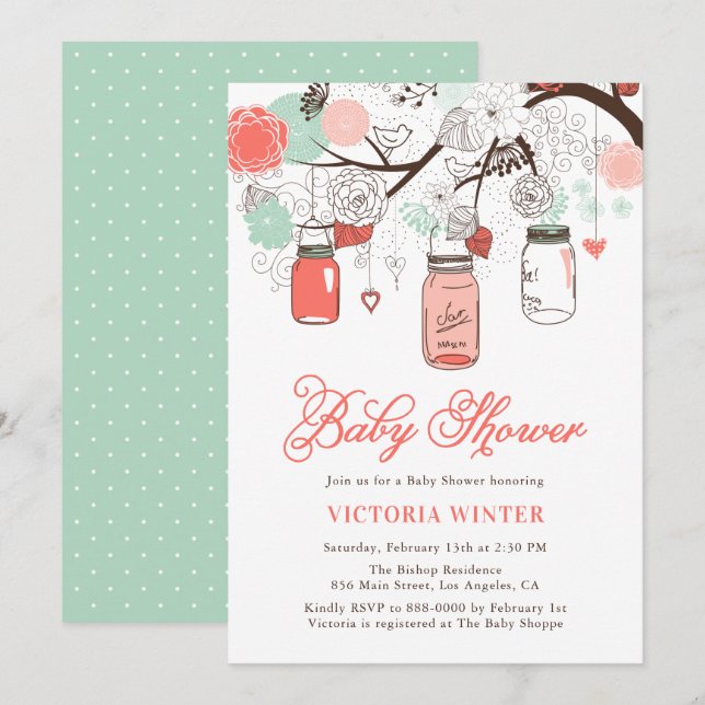 Coral and Aqua Hanging Mason Jars Baby Shower Invitation (Front/Back)