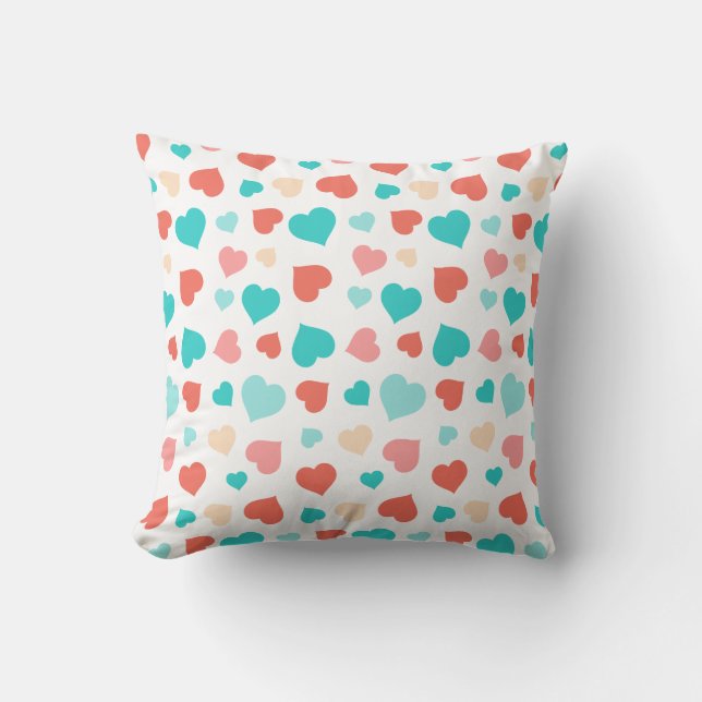 Coral And Aqua Hearts Pillow (Front)