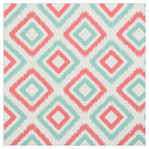 Coral and Aqua Modern Ikat pattern Fabric