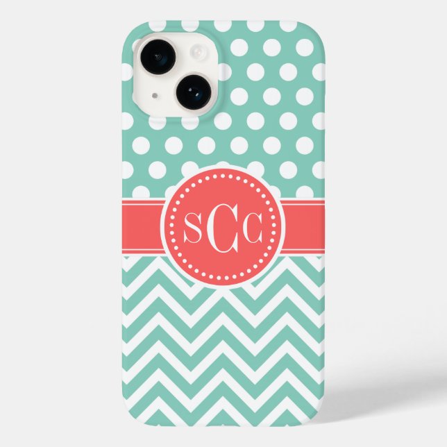 Coral and Aqua Polka Dot Chevron Monogram Case-Mate iPhone Case (Back)
