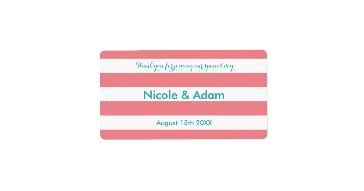 Coral and aqua striped wedding water bottle labels | Zazzle