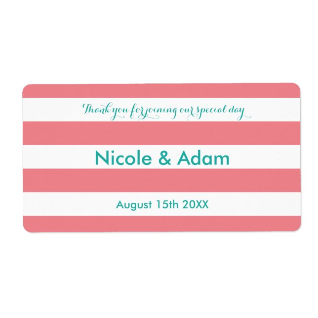 Coral and aqua striped wedding water bottle labels (Front)